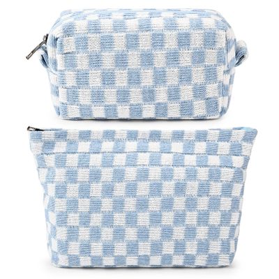 2 Pieces Makeup Bag Large Checkered Cosmetic Bag Pink Capacity Canvas Travel Toiletry Bag Organizer Cute Makeup Brushes Aesthetic Accessories Storage Bag for Women Girls (blue)