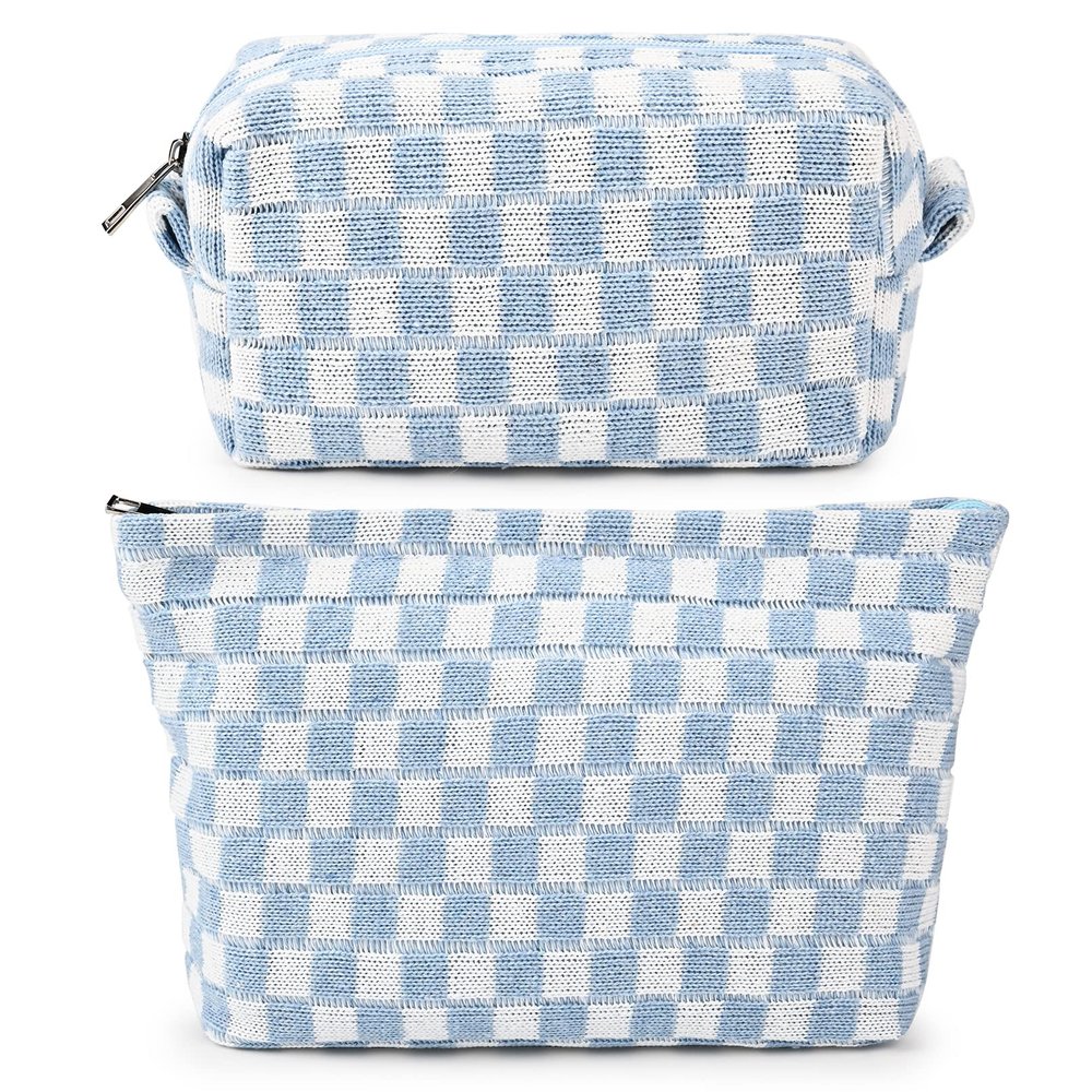 2 Pieces Makeup Bag Large Checkered Cosmetic Bag Pink Capacity Canvas Travel Toiletry Bag Organizer Cute Makeup Brushes Aesthetic Accessories Storage Bag for Women Girls (blue)