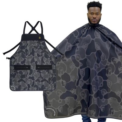 Barber Cape and Apron Set - Large Size Adjustable Hair Cutting Cape for Men (Hip Hop Kings Black Apron and Cape Set)