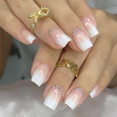 RikView White Press on Nails - Short Acrylic French Tips, Glossy Square Full Cover, 24 PCs/Set