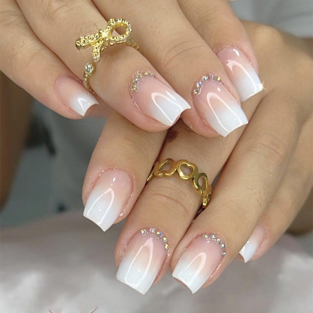 RikView White Press on Nails - Short Acrylic French Tips, Glossy Square Full Cover, 24 PCs/Set
