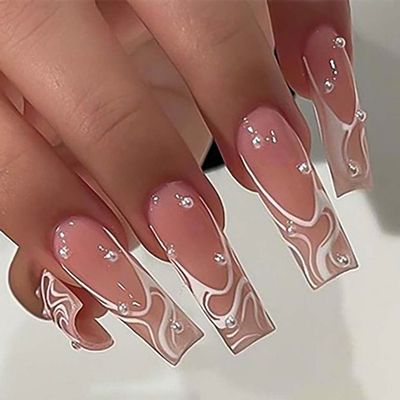 RikView Square Press on Nails Long Fake Nails French Tips Nails Pink Nails Glossy Square Nails for Women 24 PCs/Set