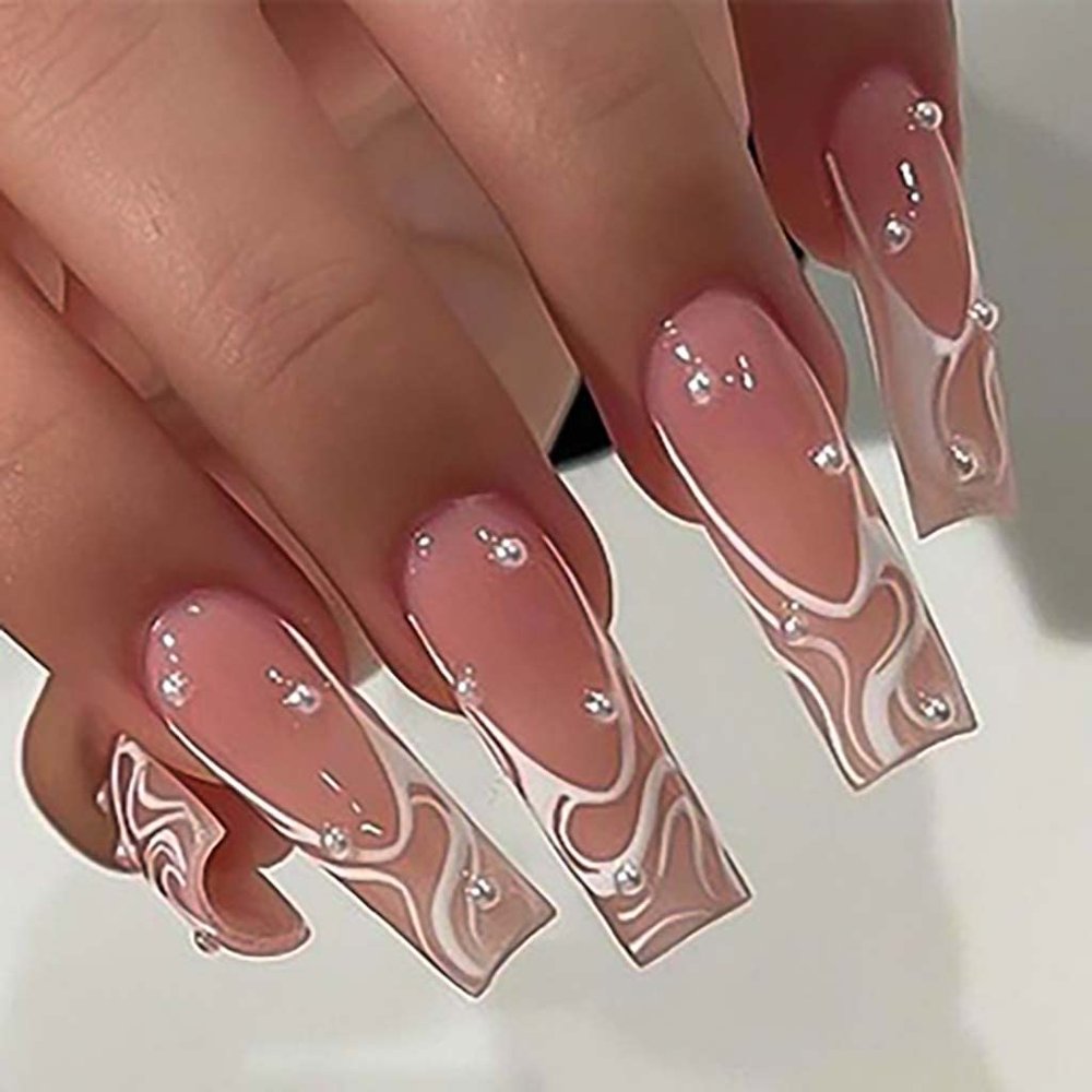 RikView Square Press on Nails Long Fake Nails French Tips Nails Pink Nails Glossy Square Nails for Women 24 PCs/Set