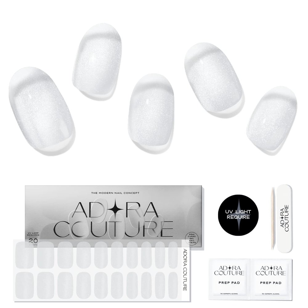 Adora Couture Semi Cured Gel Nail Strips with 20 Pieces - UV Gel Stickers, Manicure Kit, Easy Application Wraps Includes Prep Pads, Nail File, Wooden Stick - UV Light Required (Magnetic Clear)