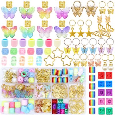 NAISKA 140Pcs Gold Butterfly Hair Jewelry - Colorful Loc Beads Dreadlocks Accessories for Women Braids Hair Charms Ring Cuffs Decoration