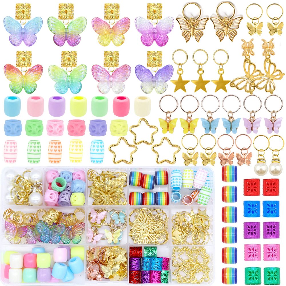 NAISKA 140Pcs Gold Butterfly Hair Jewelry - Colorful Loc Beads Dreadlocks Accessories for Women Braids Hair Charms Ring Cuffs Decoration