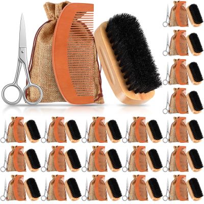 Zubebe 20 Sets Beard Brush and Comb Set for Men, Boar Bristle Brush, Wood Mustache Comb and Beard Trimming Scissors with Travel Pouch, Beard and Mustache Grooming Kit for Beard Care Valentine GIft