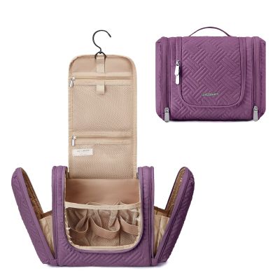 BAGSMART Atlas Travel Toiletry Bag for Women, Hanging Toiletry Bag with Hook, Travel Cosmetic Makeup Bag Travel Organizer for Accessories, Shampoo, Full Sized Container, Toiletries,Purple-Medium
