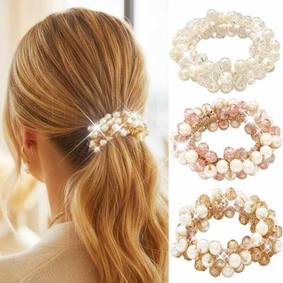 Unicra Pearl Hair Ties Beaded Hair Scrunchies Ponytail Holder Hair Accessories for Women Pack of 3