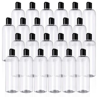 Nuenen 24 Pieces Plastic Empty Bottles Clear Squeeze Travel Containers with Black Disc Cap Refillable Shampoo Travel Bottles for Toiletries Lotion Container for Body Soap Cream(16 oz)