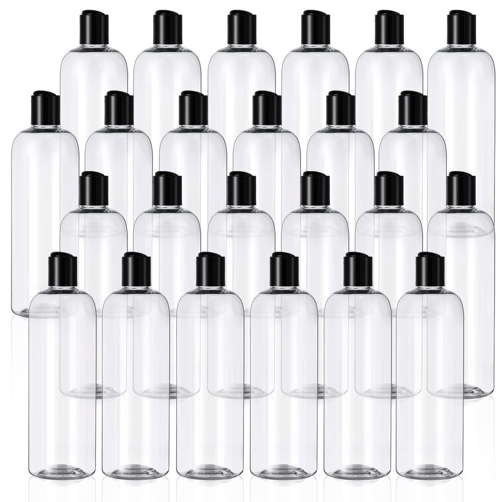 Nuenen 24 Pieces Plastic Empty Bottles Clear Squeeze Travel Containers with Black Disc Cap Refillable Shampoo Travel Bottles for Toiletries Lotion Container for Body Soap Cream(16 oz)