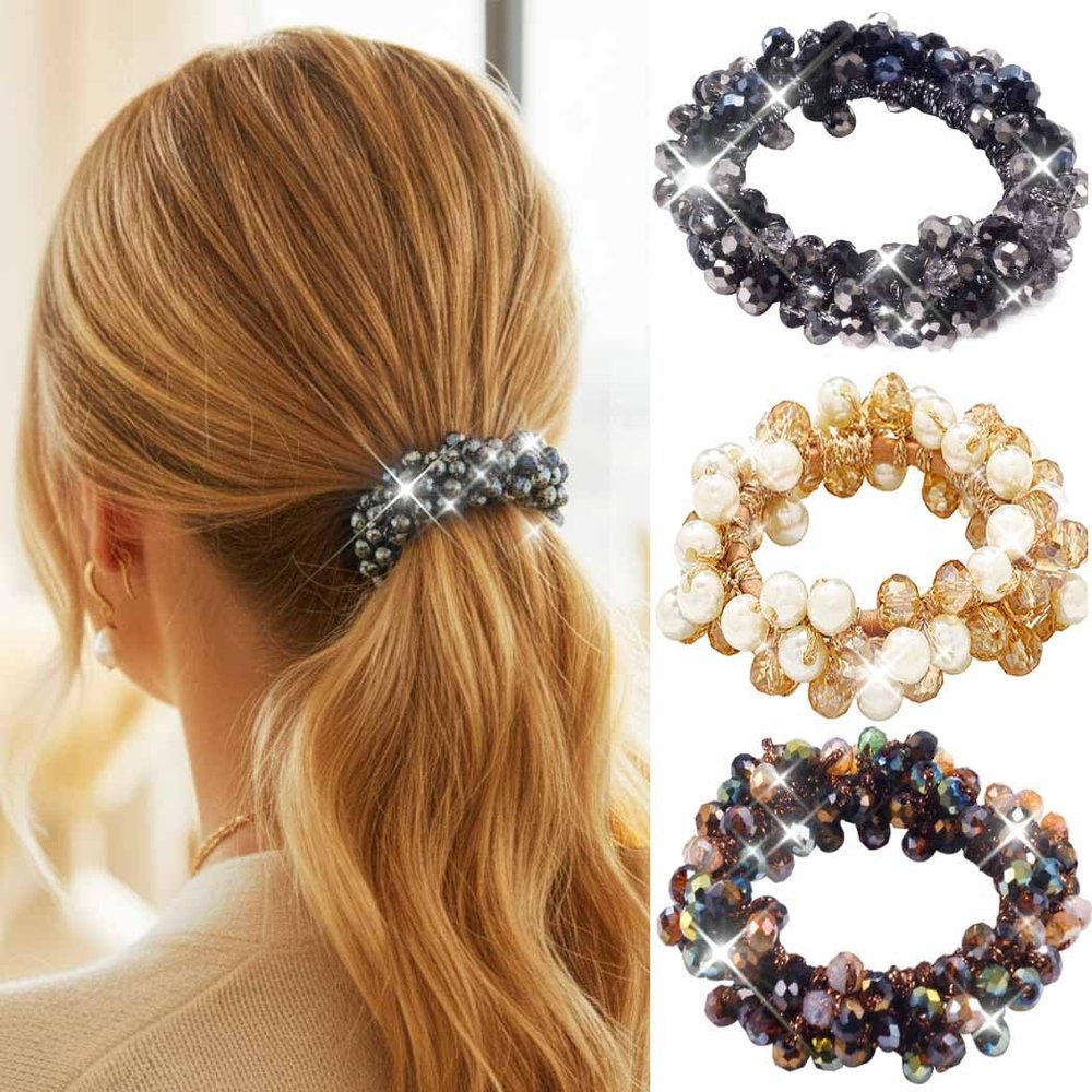 Unicra Pearl Hair Ties Beaded Hair Scrunchies Ponytail Holder Hair Accessories for Women Pack of 3 (Pearl&Rhinestone)