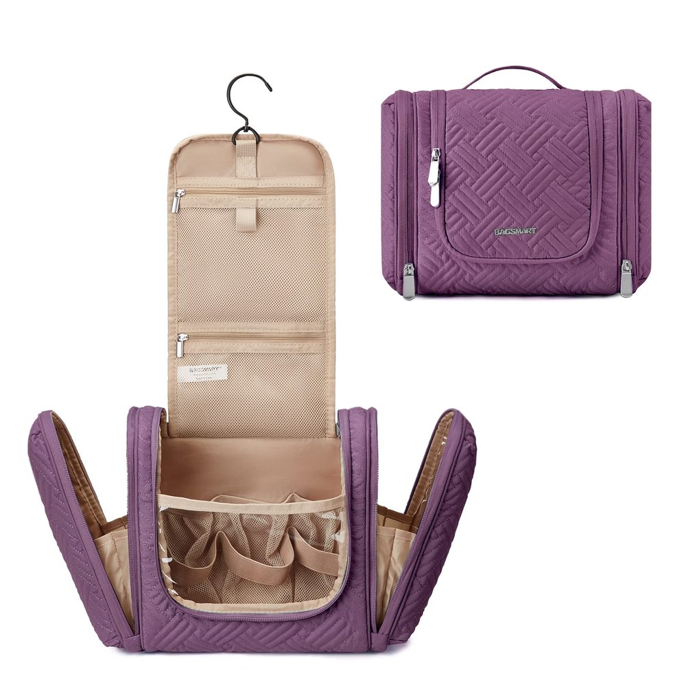 BAGSMART Large Travel Toiletry Bag for Women, Hanging Toiletry Bag with Hook, Travel Cosmetic Makeup Bag Travel Organizer for Accessories, Shampoo, Full Sized Container, Toiletries,Purple-Large
