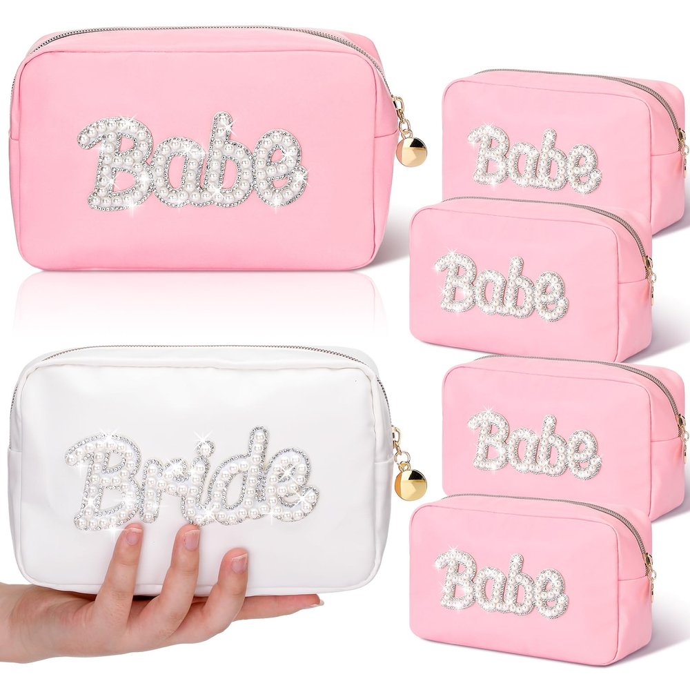 Pinkunn 6 Pcs Bridesmaids Cosmetic Bag Rhinestone Chenille Letter Rose Gold Bride Makeup Bag Proposal Gift Wedding Bridal Shower for Bridesmaid Proposal Box Bachelorette Party Favor(Pearl Letter)