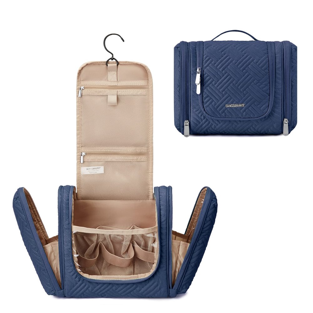 BAGSMART Atlas Travel Toiletry Bag for Women, Hanging Toiletry Bag with Hook, Travel Cosmetic Makeup Bag Travel Organizer for Accessories, Shampoo, Full Sized Container, Toiletries,Navy-Medium