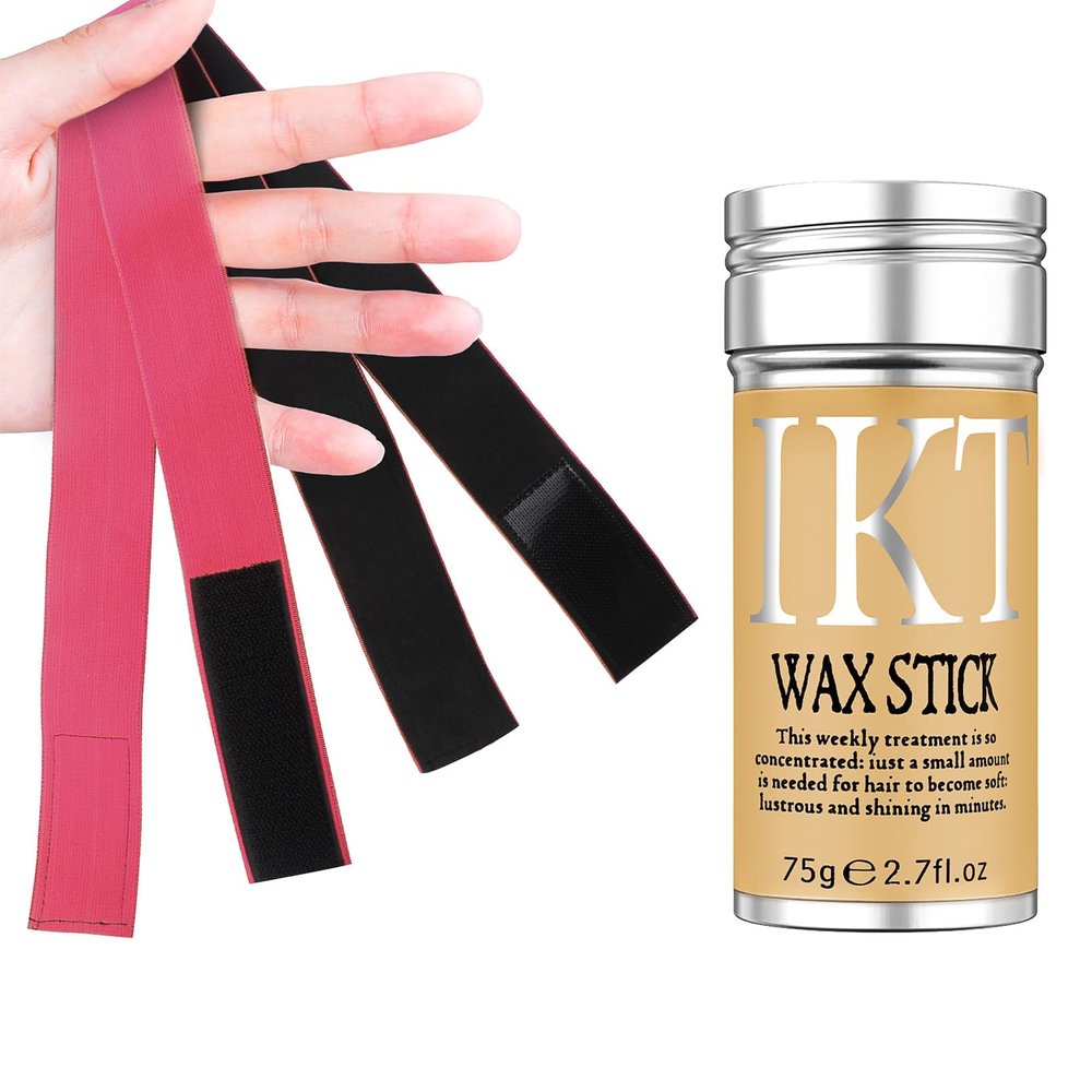 SOVONCARE Black Hair Wax Stick with Lace Melting Bands for Flyaways, Edge Control, and Wigs (1 Stick + 2 Bands)