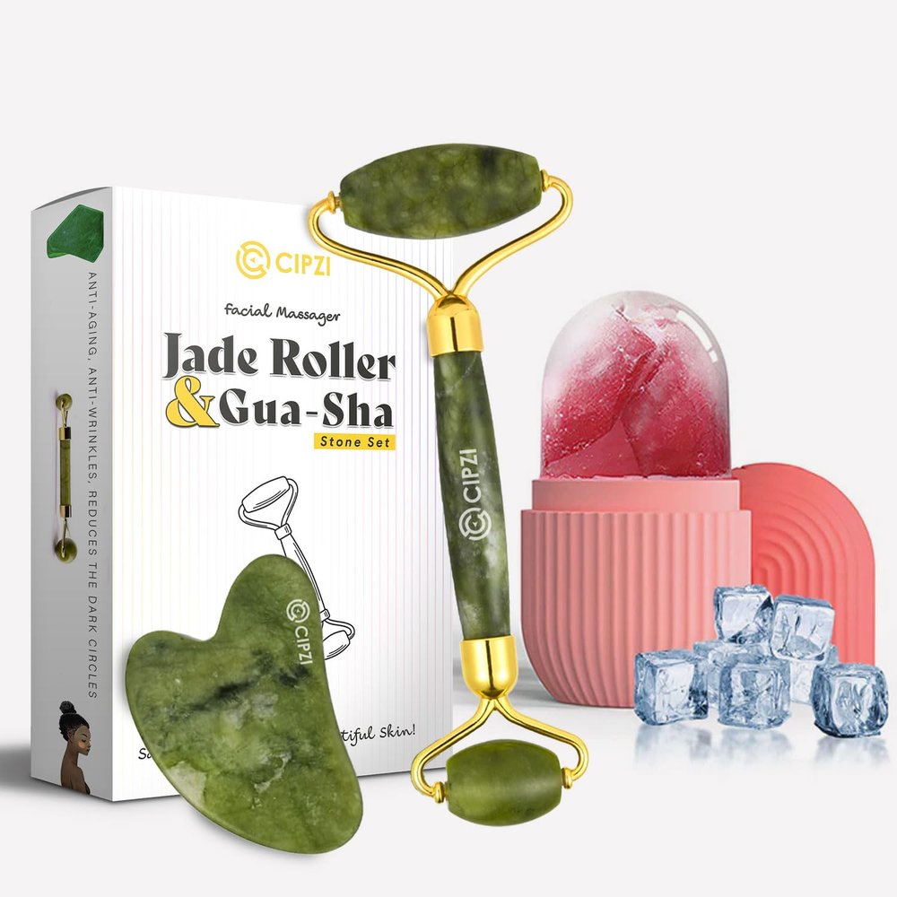 Cipzi Face Massager For Women Reusable Silicon Ice Cube Roller Massage And 100% Natural Jade Roller with Gua Sha Stone Set Facial Roller For Skin Eye Neck Body