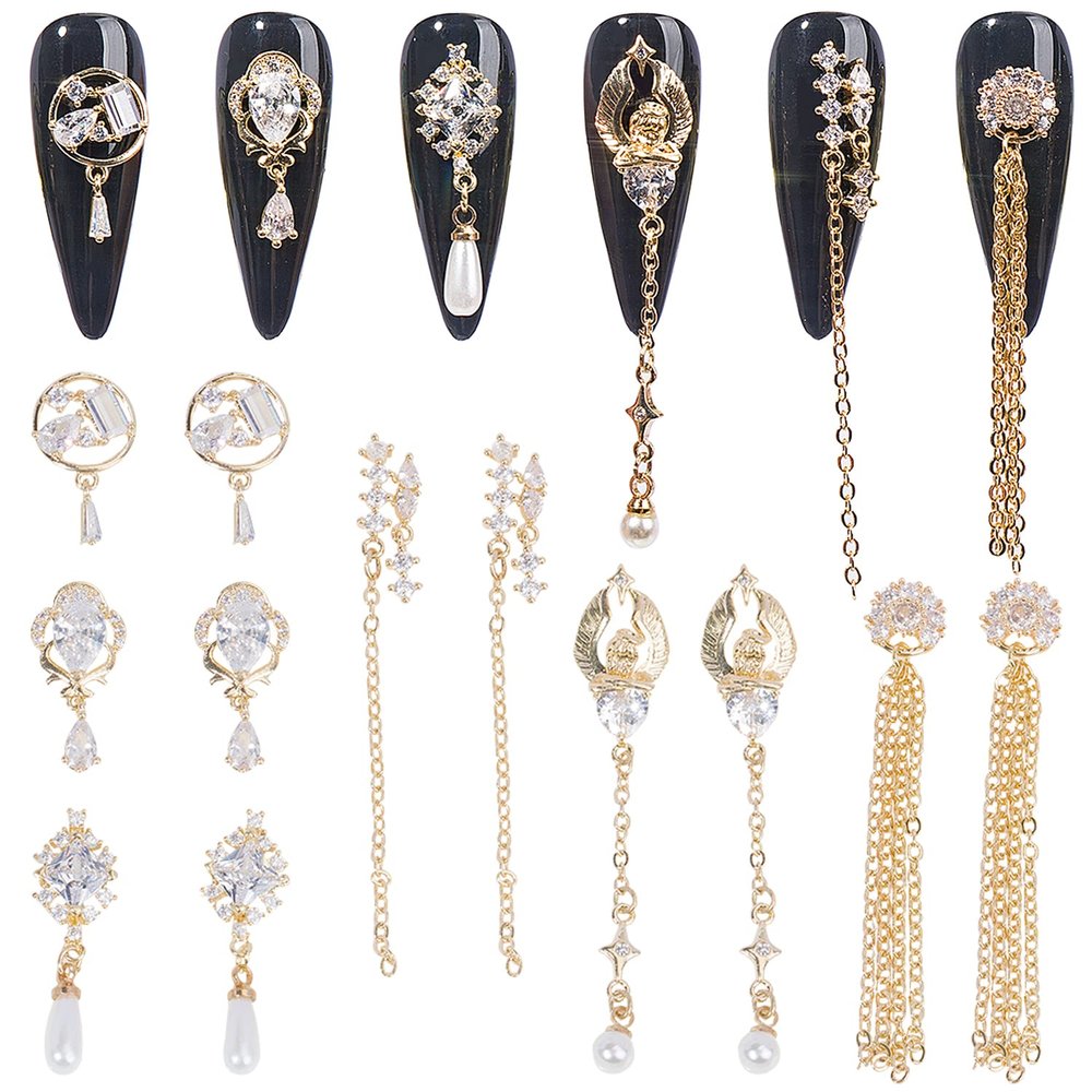 Gold Nail Charms Metal Luxury White Zircon Rhinestones for Nail Art Crystal Gems Jewelry Diamond Decoration - DIY for Girls Women (12 Pieces)