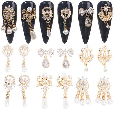 12pcs Gold Nail Charms Metal Alloy Zircon Pearl Crystal Rhinestone Nail Decoration for Girls & Women DIY Jewellery