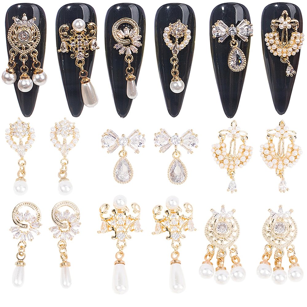 12pcs Gold Nail Charms Metal Alloy Zircon Pearl Crystal Rhinestone Nail Decoration for Girls & Women DIY Jewellery
