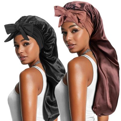 2pcs Long Satin Bonnets with Tie Band, Large Braid Bonnet Silky Hair Cap for Locs Women Sleeping, E