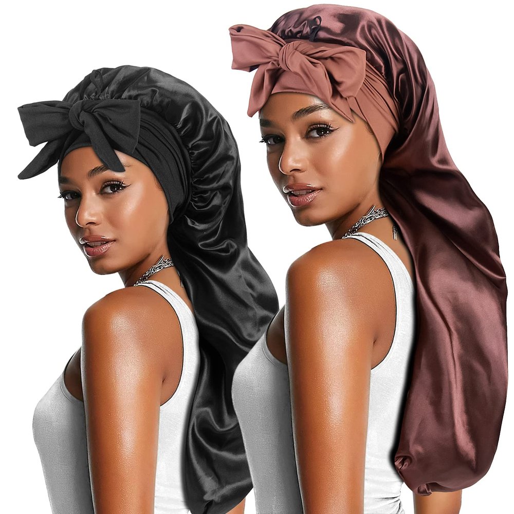 2pcs Long Satin Bonnets with Tie Band, Large Braid Bonnet Silky Hair Cap for Locs Women Sleeping, E