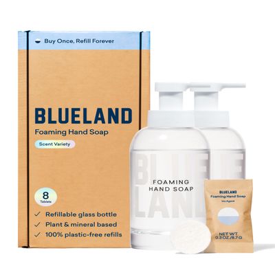 BLUELAND Hand Soap Duo, 2 Refillable Glass Foaming Hand Soap Dispensers with 8 Refill Tablets, Variety Scents, 8 x 9 Fl oz