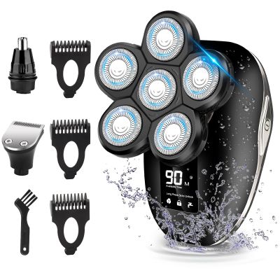 Electric Head Shaver for Bald Men, 6 in 1 Mens Electric Head Razor Bald Head Shaver Cordless Razor Men, IPX7 Wet/Dry Waterproof Men's Rotary with Head Shavers Kit LED Display Silver