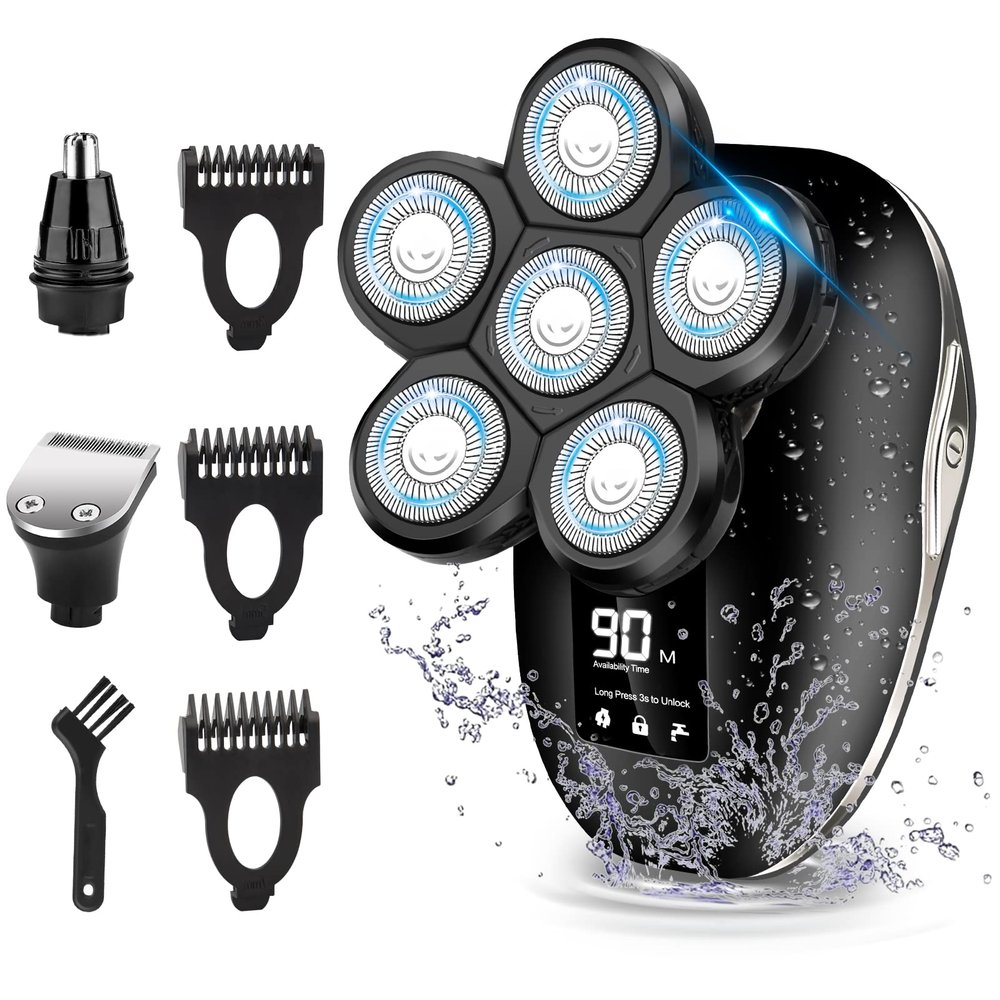 Electric Head Shaver for Bald Men, 6 in 1 Mens Electric Head Razor Bald Head Shaver Cordless Razor Men, IPX7 Wet/Dry Waterproof Men's Rotary with Head Shavers Kit LED Display Silver