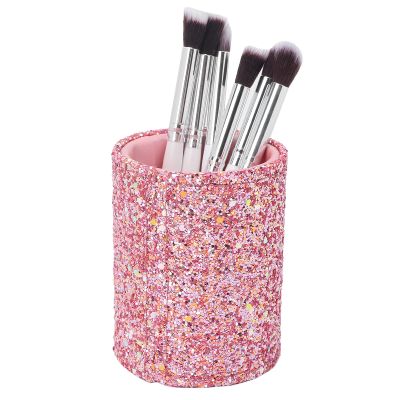 Pink Cosmetic Brush Barrel Organizer, Simple Makeup Brush Storage Box Holder with External Sequins Design, Large Capacity Makeup Brush Holder Organizer for Home Beauty Salon