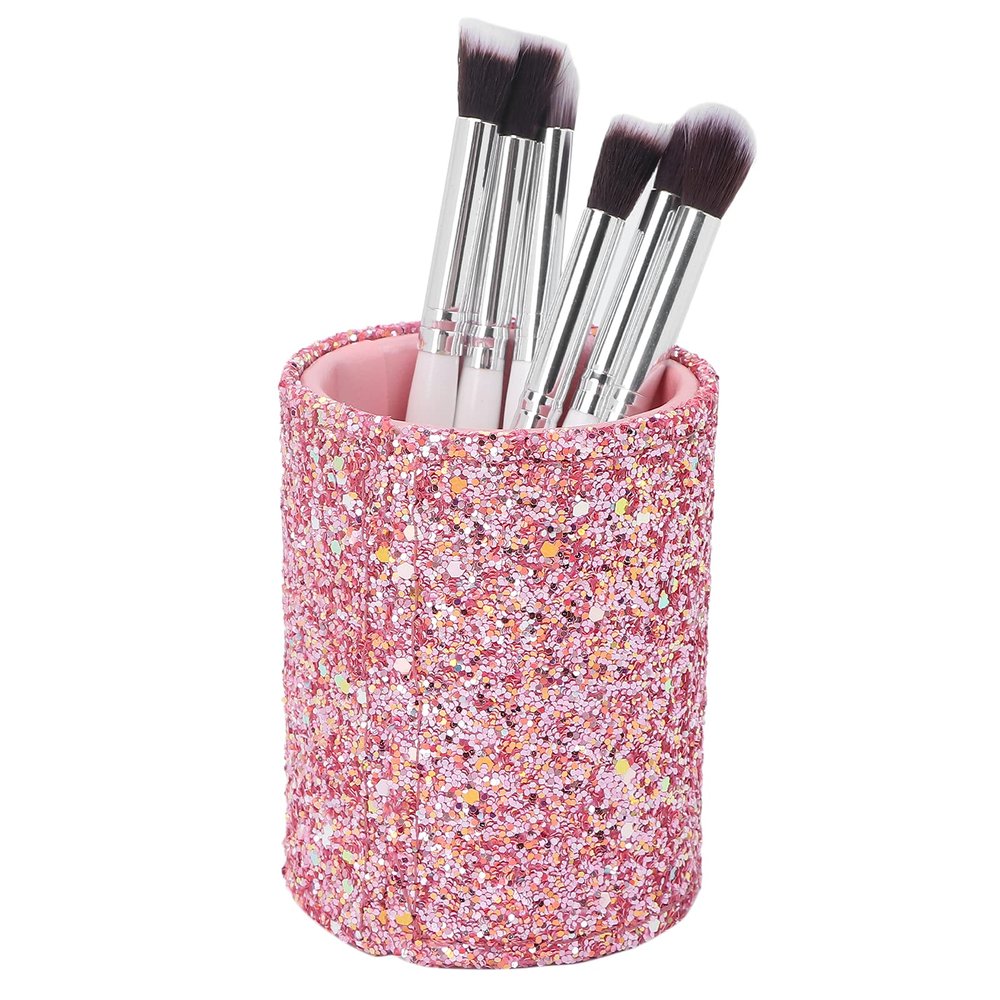 Pink Cosmetic Brush Barrel Organizer, Simple Makeup Brush Storage Box Holder with External Sequins Design, Large Capacity Makeup Brush Holder Organizer for Home Beauty Salon