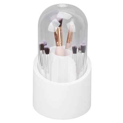 360 Degree Rotatable Makeup Brush Holder, Large Capacity Cosmetics Brush Storage Box with Transparent Dust Cover, Plastic Makeup Brush Holder Organizer for Home Beauty Salon