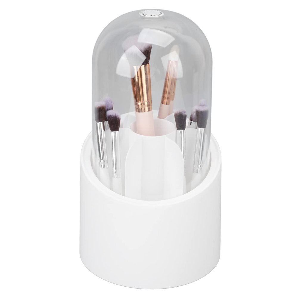 360 Degree Rotatable Makeup Brush Holder, Large Capacity Cosmetics Brush Storage Box with Transparent Dust Cover, Plastic Makeup Brush Holder Organizer for Home Beauty Salon