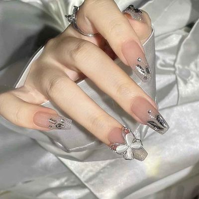 RikView Long Press on Nails Coffin Acrylic Nails Nude Nails with Butterflies Design Glossy Fake Nails 24 PCs