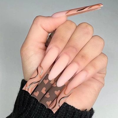 FRUJCDKI Extra Long Fake Nails Ballerina Press on Nails Matte Acrylic Nails for Women and Girls 24Pcs (Brown)