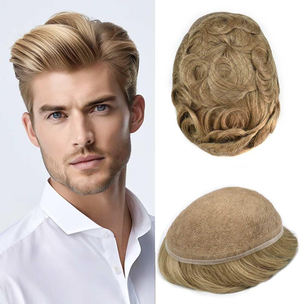 Toupee For Men Hair System 100% European Human Hair Full French Lace Hair Replacement System For Mens Toupee Hair Pieces For Men8x10-100% Light to Medium density#2010 20# LIGHT ASH BLONDE+10% GRYE