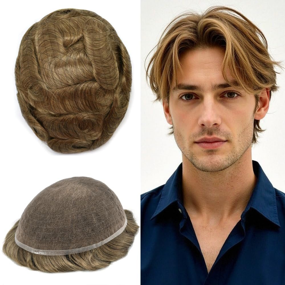 Mens Toupee Hair System For Men Full French Lace Hairpiece For Men Hairpiece 100% European Human Hair Mens Hair System Natural Hairline 7x9-100% Light to medium density 17# DARK ASH BLONDE