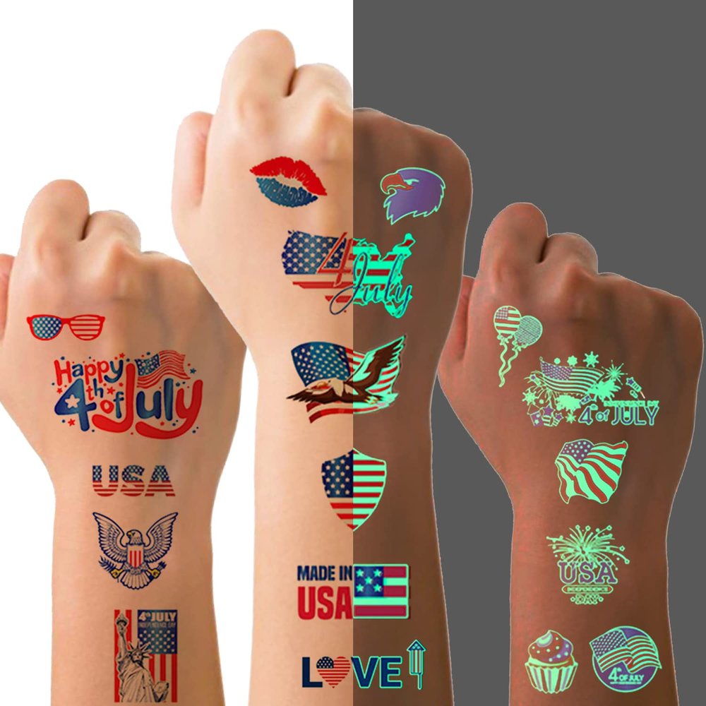 10 Sheets Independence Day Temporary Tattoo for Kids Adults Luminous 4th of July Fake Tattoos USA Flag Red White Blue Patriotic Party Supplies Tattoo Stickers Glow at Night for Memorial Day Labor Day