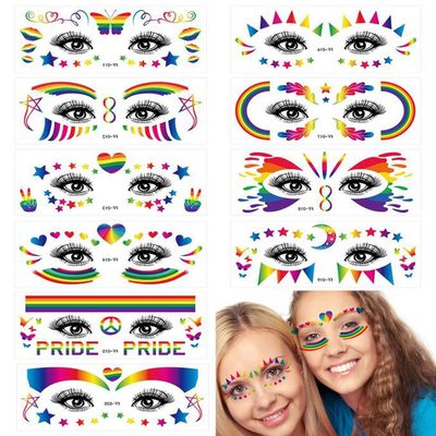 10 Sheets Pride Day Face Tattoo Stickers for LGBT Gay Rainbow Temporary Tattoo Colorful Love Heart Butterfly Star Lip Fake Tattoos Pride Parades Celebrations Party Supplies for Eye Makeup Face Decor