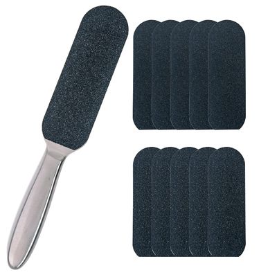 1 Pcs Professional Pedicure Foot File and Callus Remover for Hard Skin,Stainless Steel Foot Rasp File with 10 Free Refill Grits Replacement Pads with Two Sides Simple Bath Pedicure Salon Foot Scrubber