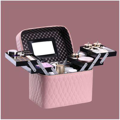 Mgiahekc Makeup Bag with Mirror, Portable Women's Waterproof Cosmetic Case, Makeup Case Organizerwith Handle, Jewelry Storage Box,Pink