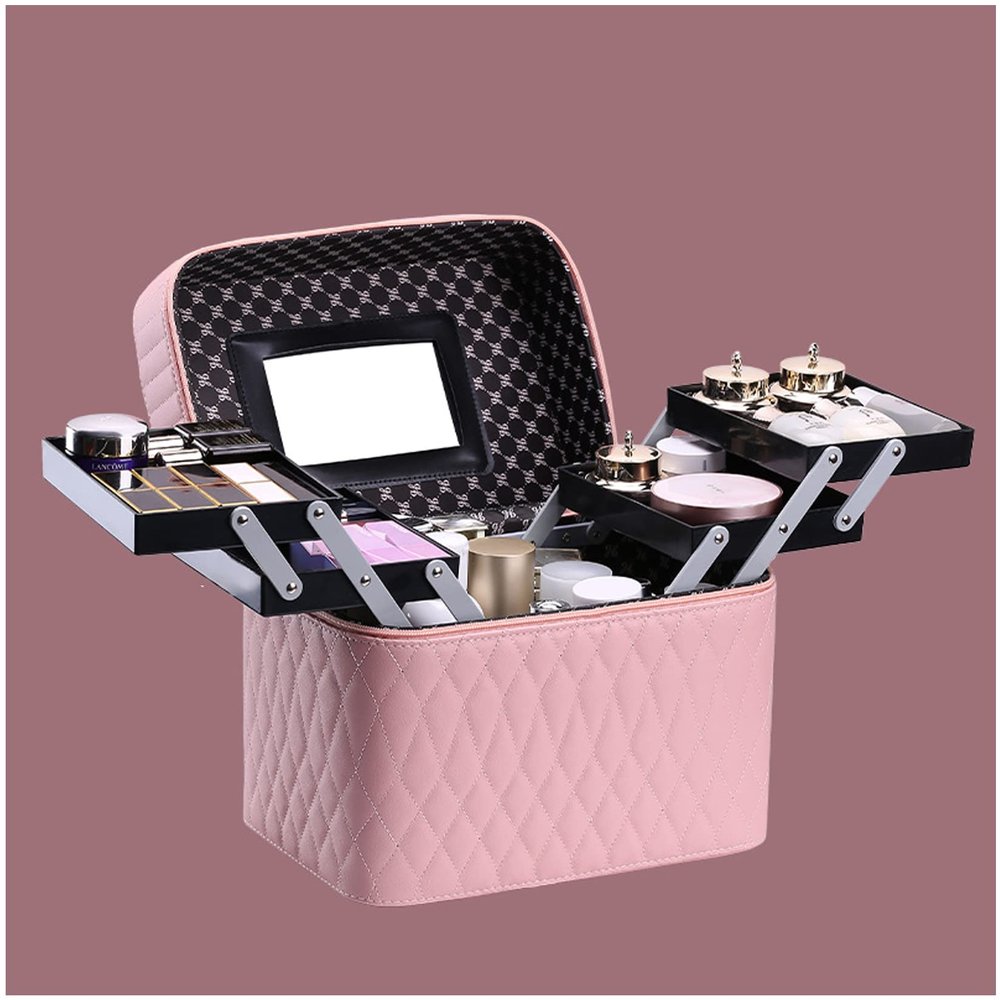 Mgiahekc Makeup Bag with Mirror, Portable Women's Waterproof Cosmetic Case, Makeup Case Organizerwith Handle, Jewelry Storage Box,Pink