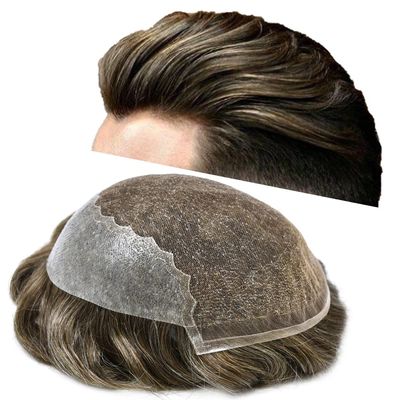 Toupee For Men Hair Pieces Swiss Lace Hair Replacement System Mens Toupee 100% Human Hair Pieces For Men French Lace Bleached Knot 7x9Light to medium density #530 5# MEDIUM LIGHT BROWN+30% GREY