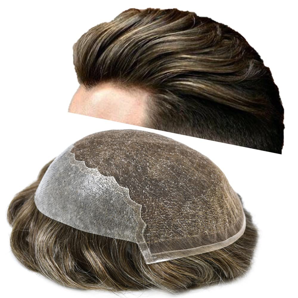 Toupee For Men Hair Pieces Swiss Lace Hair Replacement System Mens Toupee 100% Human Hair Pieces For Men French Lace Bleached Knot 7x9Light to medium density #530 5# MEDIUM LIGHT BROWN+30% GREY