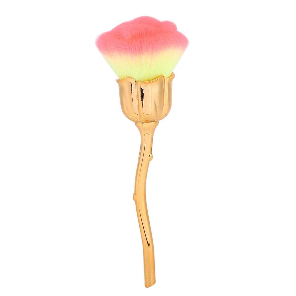 Nail Dust Brush, Fiber Hair Long Handle Nail Brush, Rose Shape Makeup Brush Nail Cleaning Tool, Multifunction Nail Duster Brush for Nail Dust, Blush (03-light yellow + rose powder)