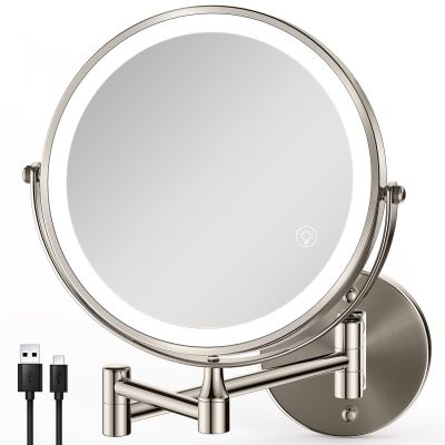 GREENFROM Rechargeable Wall Mounted Makeup Mirror Brushed Nickel, 8.5'' Magnifying Mirror with Lights Double-Sided 1X/10X 360 Rotation Extension Bathroom Shaving Mirror with Foldable Arm