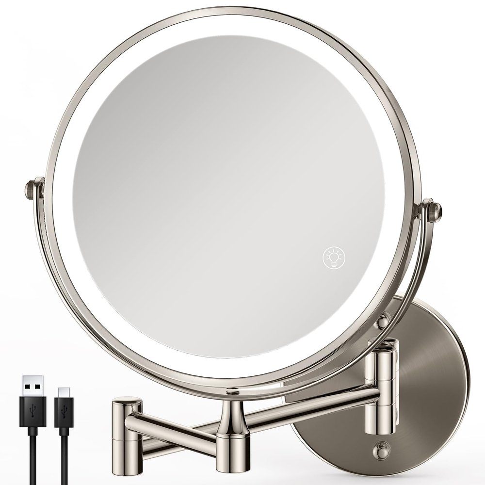 GREENFROM Rechargeable Wall Mounted Makeup Mirror Brushed Nickel, 8.5'' Magnifying Mirror with Lights Double-Sided 1X/10X 360 Rotation Extension Bathroom Shaving Mirror with Foldable Arm