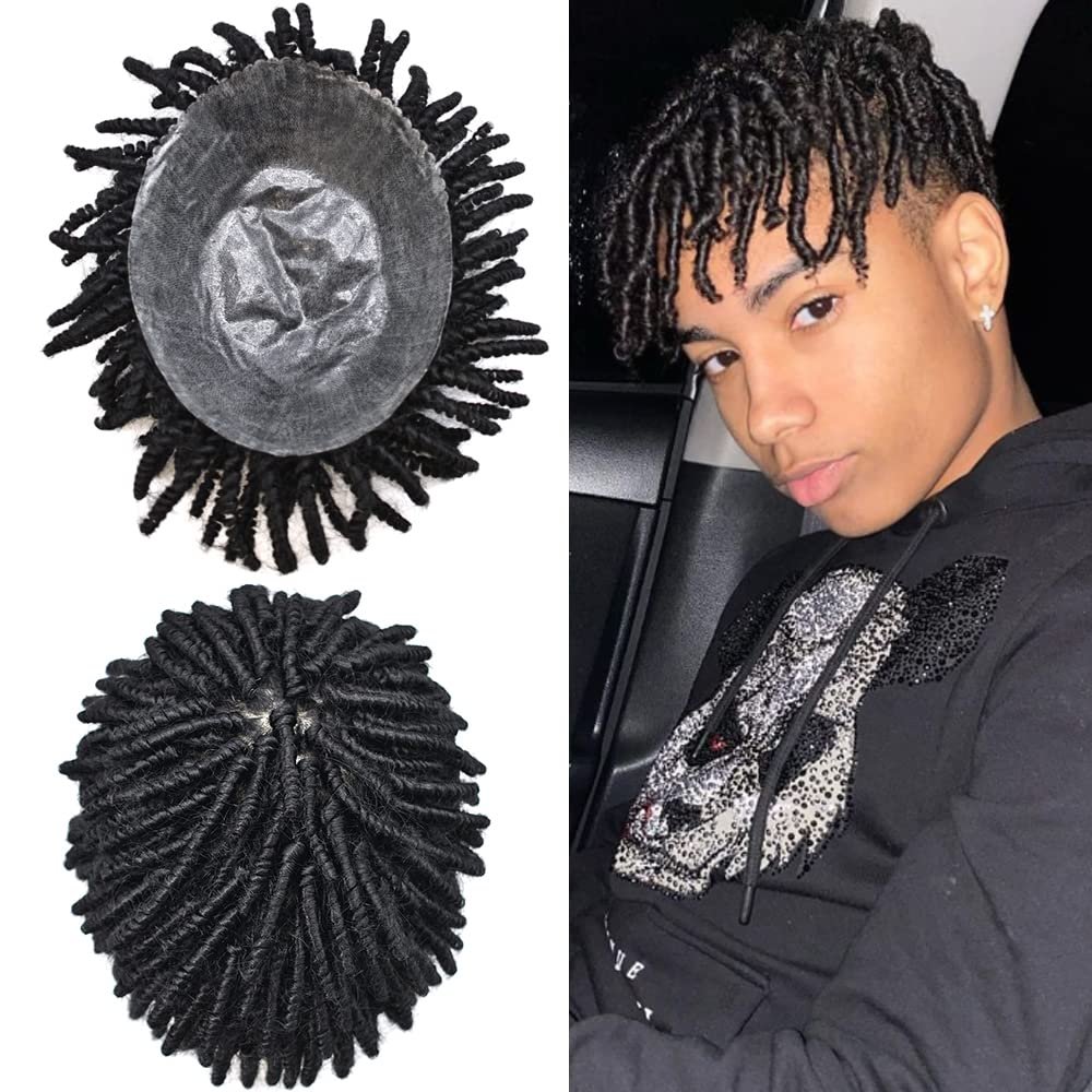 Afro Kinky Twist Crochet Braids Afro Toupee for Black Men All Poly Injected Real Human Hair Replacement System Curly Hairpieces Mens Toupee 8X10" Hair Unit (10 inch - 6mm wave, #1B Off Black/Natural Black)