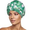 INNELO Luxury Shower Cap for Women Reusable Waterproof, Double Layered Shower Hair Cap with Adjustable Elastic Strap, Large Satin Lined Shower Bath Cap for Long Curly Straight Hair, Palm leaves view 1