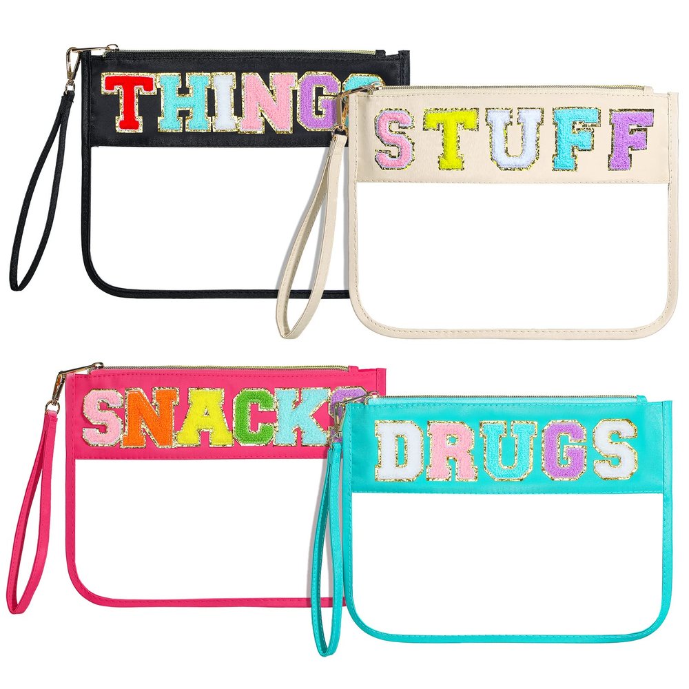 Buryeah 4 Pcs Chenille Letter Pouch Flat Nylon Clear Snack Bags Flat Multipurpose Zipper Makeup Bag for Travel Toiletry Bag Water-proof Cosmetic Pouch for Women(Cute Style)